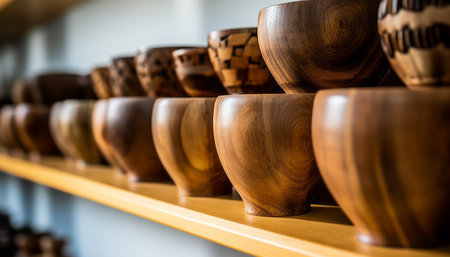 Wooden bowls on a shelf in a shop, close-upの素材