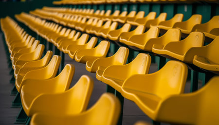 Yellow plastic seats in stadium, shallow depth of field. Abstract backgroundの素材