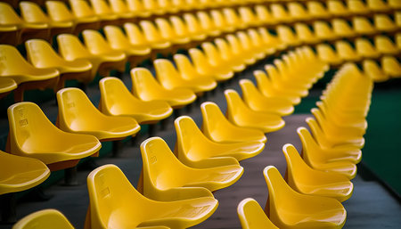 Yellow plastic chairs in the stadium, close-up, selective focusの素材