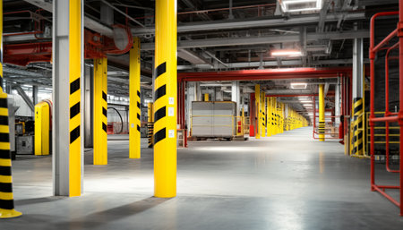 Interior of a warehouse with yellow and black warning stripes. Industrial backgroundの素材