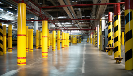 Interior of a modern parking garage with yellow and black warning tapesの素材