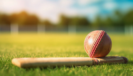 Cricket ball and bat on green grass field with blurred backgroundの素材