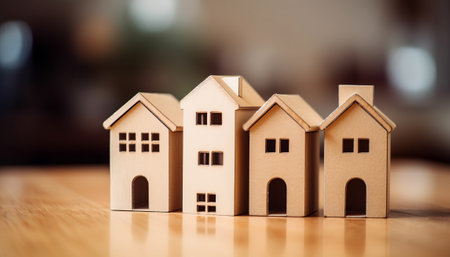 Miniature house model on wooden table background. Real estate concept.の素材