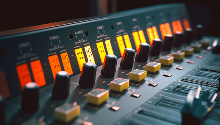 Audio mixing console in a recording studio. Close-up view.の素材