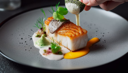 Tasty fish fillet with sauce on a black plate. Restaurantの素材