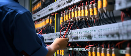 Electrical engineer working in network server room. Electrical engineer working in network server room.の素材
