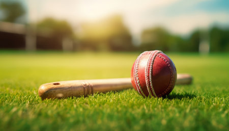 Cricket ball and bat on the green grass with blurred backgroundの素材