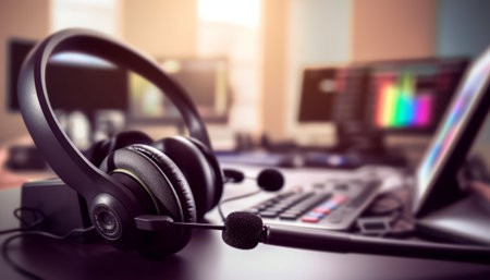Headphones with microphone and computer on desk in call center office.の素材