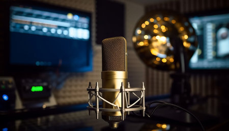 Professional condenser microphone in recording studio for voiceovers, singing.の素材