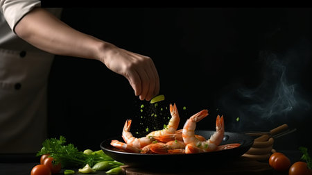 Woman sprinkling pepper onto shrimps in frying pan, closeupの素材