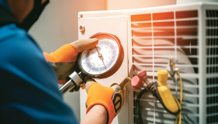Technician checking air conditioner system with thermometer, closeupの素材