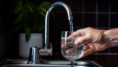 Man's hand pouring water from the tap into a glass of waterの素材