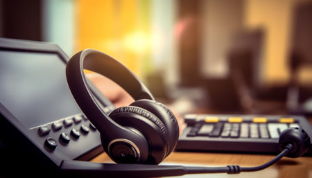 Headphones and laptop on desk in call center office - customer service conceptの素材