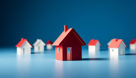 Real estate concept. 3d illustration of a red house over blue backgroundの素材