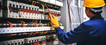Electrical engineer working in fuse box. Electrical panel with electrical equipment.の素材