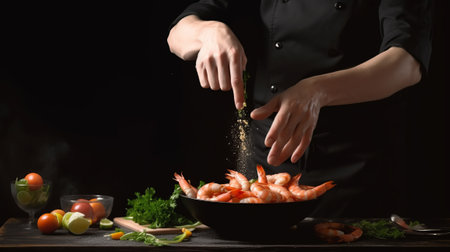 Chef preparing shrimps in pan on wooden table, closeupの素材