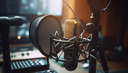 Professional microphone in recording studio. Microphone and sound equipment in recording studio.の素材