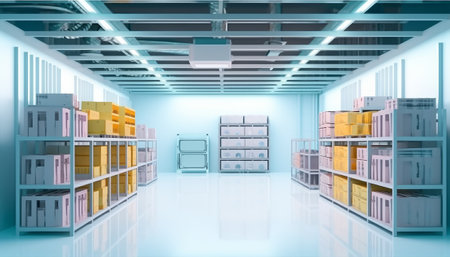 Warehouse interior with boxes and shelves. 3d render illustration.の素材