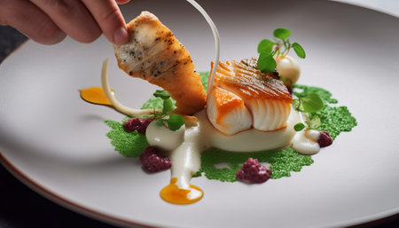 Salmon fillet with cream sauce on a white plate. Restaurantの素材