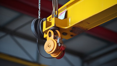 Industrial crane hook in factory, closeup. Industrial background.の素材
