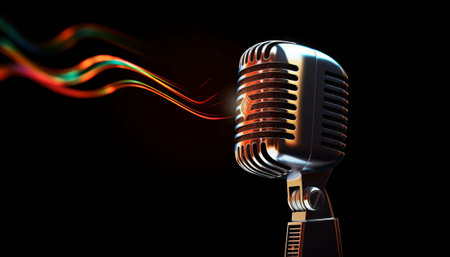 Retro microphone on a black background. 3d rendering. Computer digital drawing.の素材