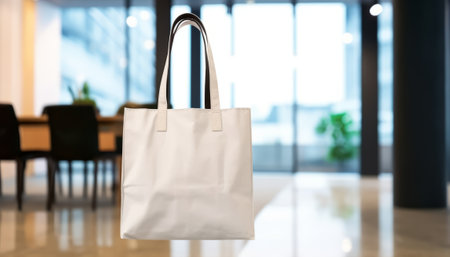 Shopping bag in the lobby of a modern shopping mall, blurred backgroundの素材