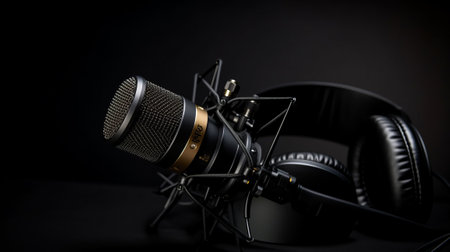 Microphone and headphones on a black background. Music recording equipment.の素材