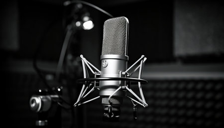 Professional microphone in recording studio. Black and white photo with shallow depth of field.の素材