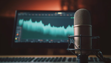 Microphone in a recording studio on the background of the monitor with stock data.の素材