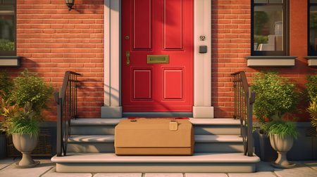 3d rendering of a brown briefcase in front of a red doorの素材