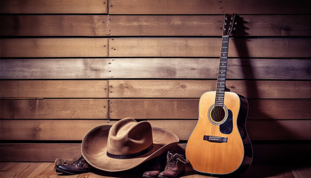 Guitar, cowboy hat and boots on a wooden background.の素材