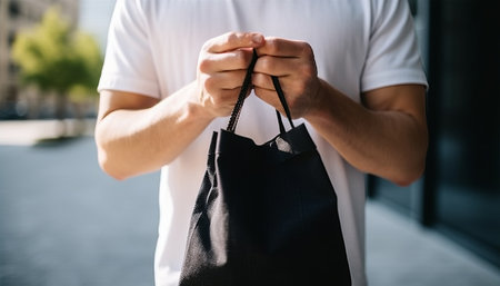 cropped shot of man in white t-shirt holding reusable shopping bagの素材