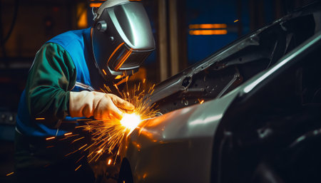 Close-up of a male worker welding a car in the garageの素材
