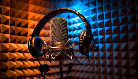 Audio recording studio equipment for voice-overs. Microphone and headphones.の素材