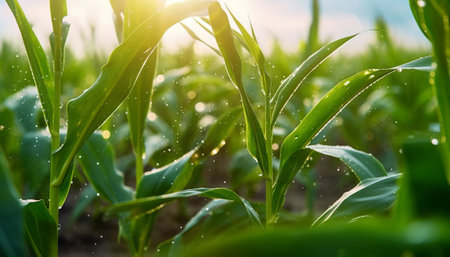 Close-up of a corn field with dew drops and sunlightの素材