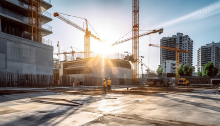 construction site with cranes and building under construction at sunny dayの素材