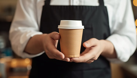 Close up of female barista holding paper cup of coffee in cafeの素材