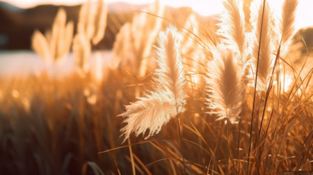 Pampas grass in sunset light, selective focus, shallow DOFの素材