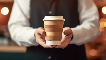 Man holding paper cup of coffee in cafe, closeup. Space for textの素材