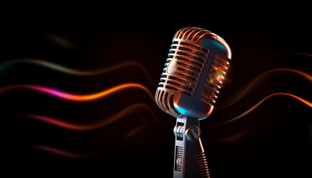 3d rendering of a vintage microphone on black background with lighting effectの素材