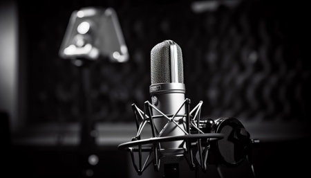 Professional microphone on stand in recording studio. Black and white photo.の素材
