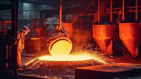 Steel industry - molten metal in a metallurgical plant at nightの素材
