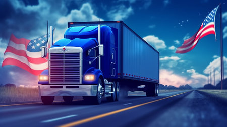 Truck with American flag on highway. 3D rendering. Freight transportation.の素材