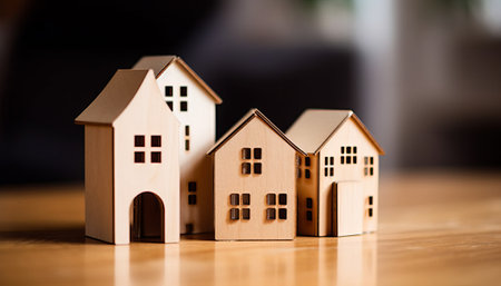 Wooden house model on wooden table. Real estate and property conceptの素材