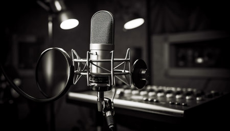 Audio recording studio. Professional microphone and sound mixer equipment in recording studio.の素材