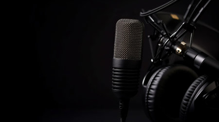 Microphone and headphones on a black background. Close-up.の素材