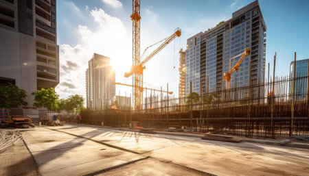 construction site with cranes and building under construction against blue skyの素材