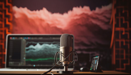 Microphone on the table with a laptop on the background of the screen.の素材