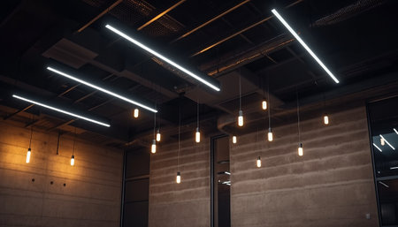 Interior of modern office building with ceiling lamps. 3d renderingの素材