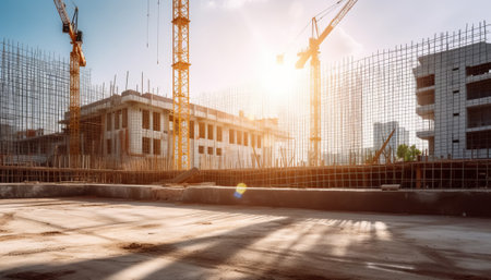 construction site with cranes and building silhouettes against blue skyの素材